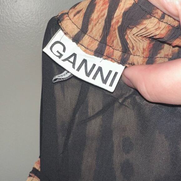 Ganni Animal Print Midi Skirt Black/Orange Tan Elastic Waist Size 34 Small - Picture 3 of 7